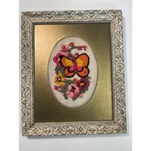 Vintage 70's Butterfly Needlepoint Crewel Detailed Wood Frame